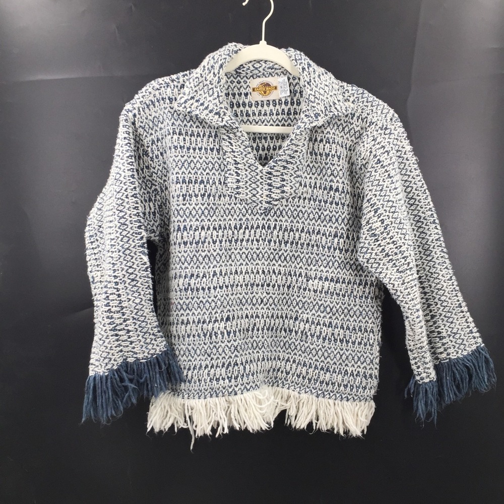 VTG Earth Ragz Blue White Fringe Knit boho beach coastal hippy popover Sweater S